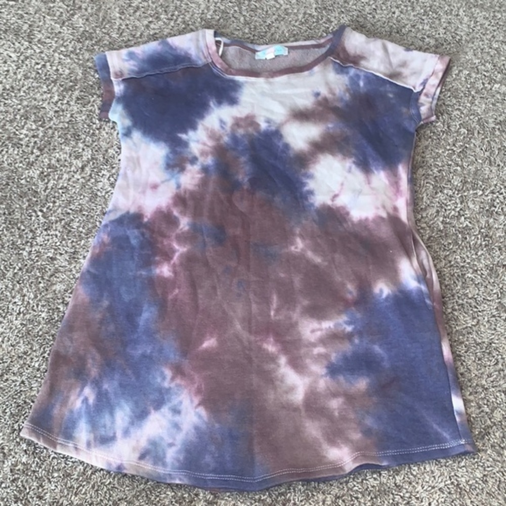 Hippie rose short sleeve‎ sweat shirt dress pockets tie dye medium purple blue